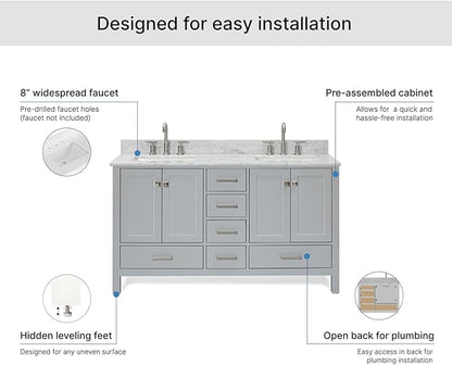 ARIEL Cambridge 60-inch Bathroom Vanity with Sink,Solid Wood, 0.75-inch Italian Carrara Marble Countertop, Double Rectangular Porcelain Sink, 4 Soft Closing Doors, 6 Dovetail Drawers, Grey