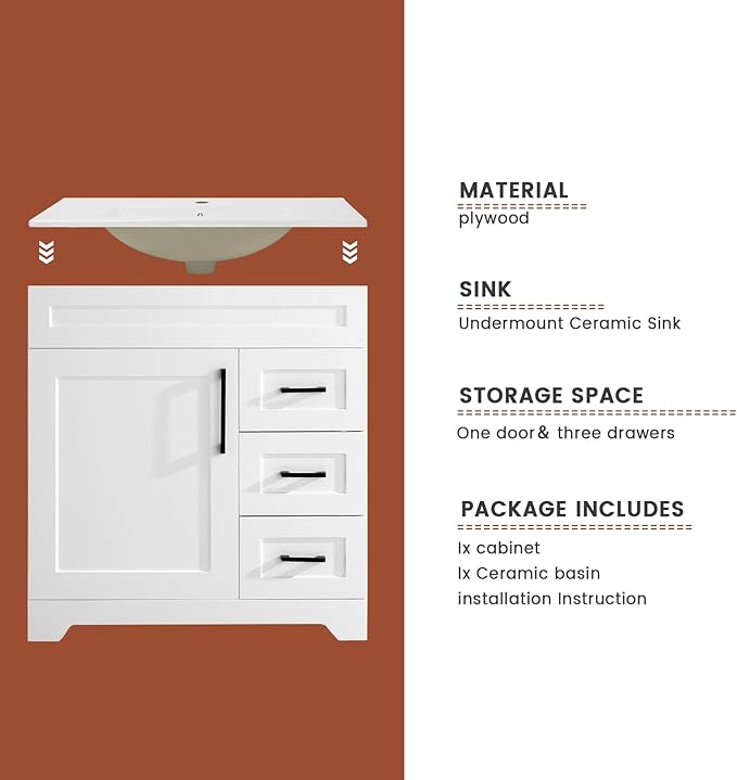 30" Bathroom Vanity with Ceramic Sink Top,1 Soft Closing Doors & 3 Full Extension Drawers with Matte Black Faucet Drain, White