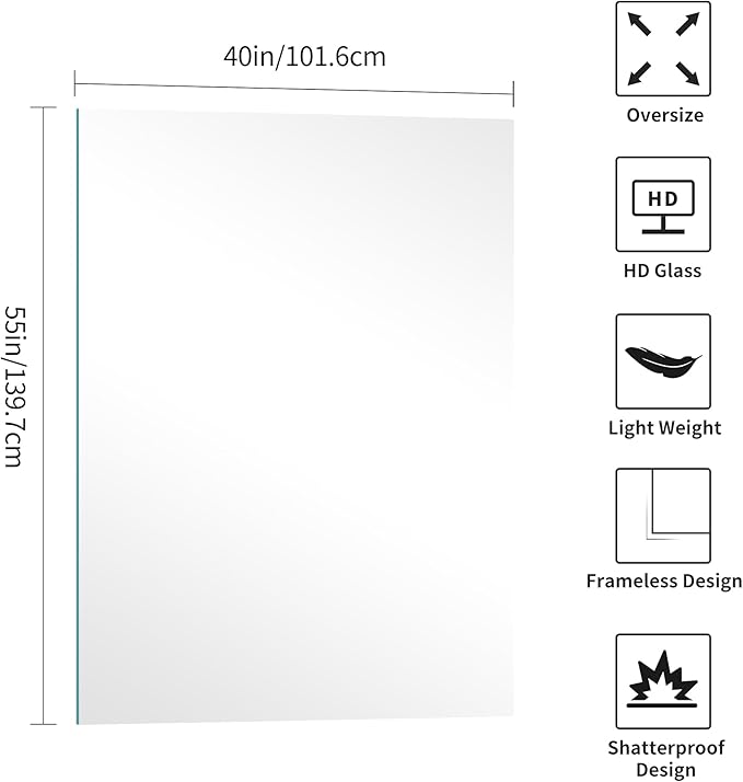 KOCUUY Large Frameless Mirror, 55"x40" Bathroom Mirror for Over Sink, Upgraded Shatterproof, Large Rectangle Unframed Mirror for Wall, Bedroom, Living Room, Entryway, Hang Horizontal/Vertical