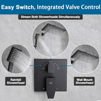 Matte Black Shower Faucet Set Rainfall 15 Inch Thickened Shower Head and Handle Set Bathroom Shower System Wall Mounted Shower Fixture Include Shower Valve and Trim Kit