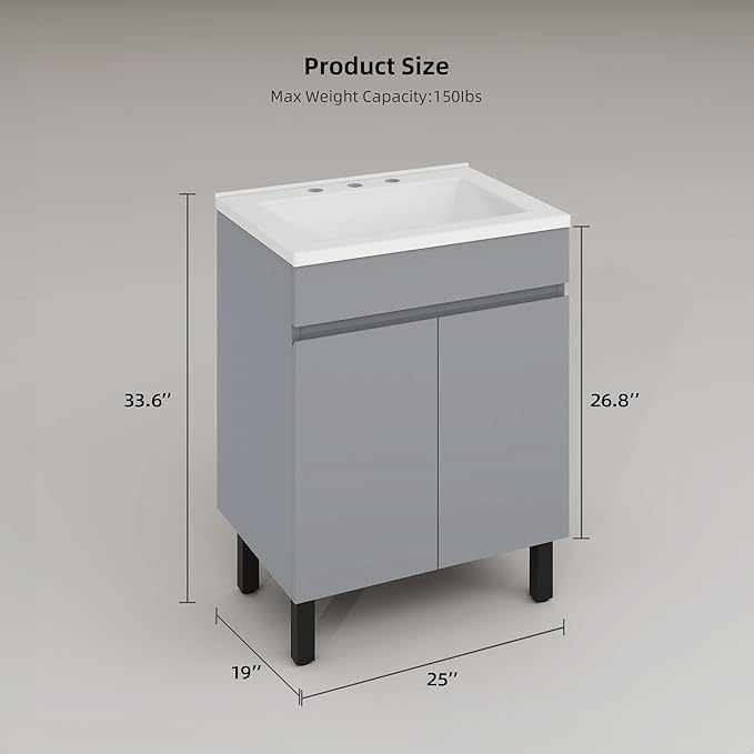 YITAHOME 24 Inch Bathroom Vanity with Sink, Bathroom Cabinet Vanity for Small Space, Freestanding Storage Bathroom Vanity with 2 Soft Closing Cabinets, Grey