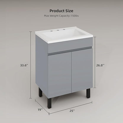 YITAHOME 24 Inch Bathroom Vanity with Sink, Bathroom Cabinet Vanity for Small Space, Freestanding Storage Bathroom Vanity with 2 Soft Closing Cabinets, Grey