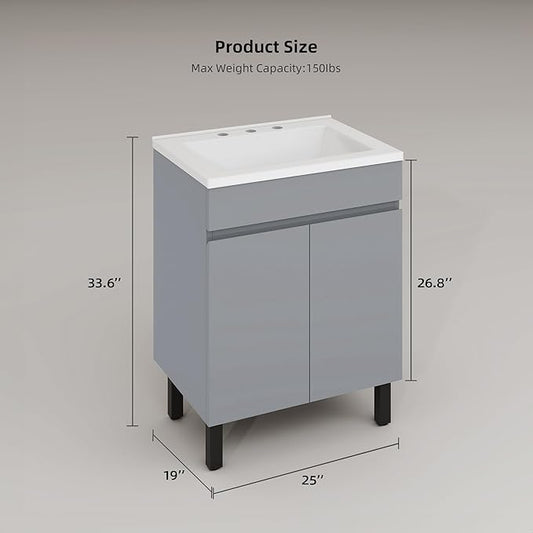 YITAHOME 24 Inch Bathroom Vanity with Sink, Bathroom Cabinet Vanity for Small Space, Freestanding Storage Bathroom Vanity with 2 Soft Closing Cabinets, Grey