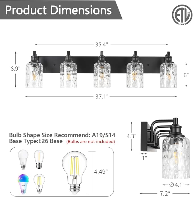 Bathroom Light Fixtures Over Mirror, 5 Lights Vanity Lights with Hammered Glass Shade, 37" Matte Black Farmhouse Bathroom Light Fixtures for Bedroom, Porch, Hotel, Mirror Cabinet