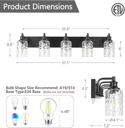 Bathroom Light Fixtures Over Mirror, 5 Lights Vanity Lights with Hammered Glass Shade, 37" Matte Black Farmhouse Bathroom Light Fixtures for Bedroom, Porch, Hotel, Mirror Cabinet