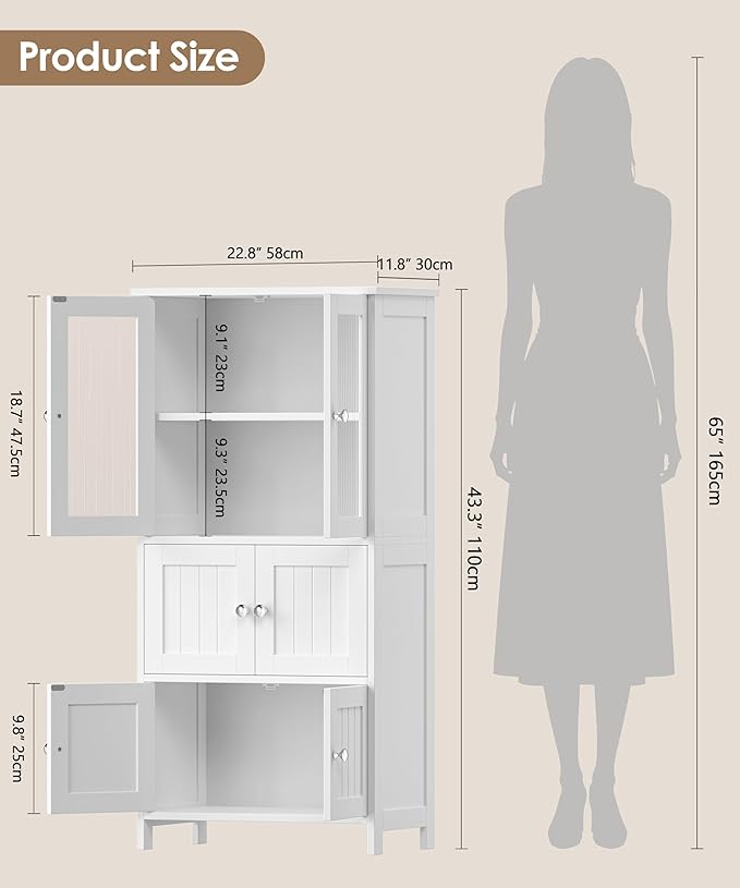 Akxomel 43.3'' H Bathroom Storage Cabinet with 6 Doors Adjustable Shelf | Bathroom Floor Cabinet, Linen Cabinet with Transparent Doors, Modern Bathroom Cabinet, Living Room, Kitchen, White