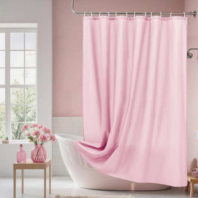 AooHome 48x72 inch Shower Liner, Small Size Fabric Solid Color Bathroom Curtain with Hooks, Weighted Hem, Water Repellent, Pink