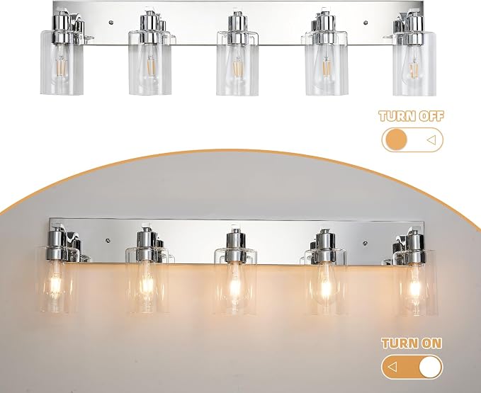 5 Lights Bathroom Light Fixtures Chrome Vanity Light with Clear Glass Shade 36in Modern Bathroom Lighting Fixtures Over Mirror for Bedroom/Living Room