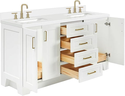 ARIEL Taylor 66-inch Bathroom Vanity with Sink,Solid Wood, 1.5-inch Pure White Quartz Countertop & Backsplash, Double Oval Porcelain Sink, 4 Soft Closing Doors, 5 Dovetail Drawers, Satin Brass, White