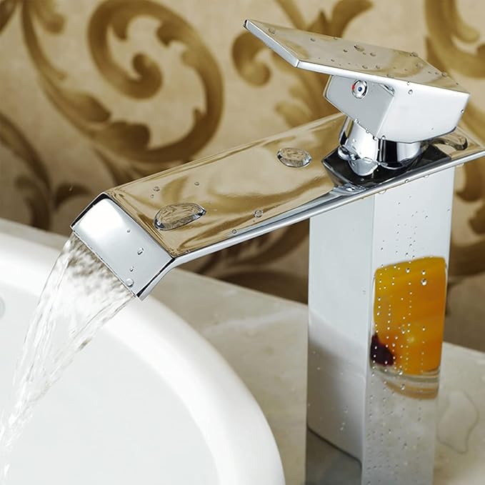 Chrome Bathroom Vessel Faucet Waterfall One Hole Bowl of Sink Faucet Tall Single Handle Bathroom Faucets with Drain Assembly Modern Vanity Lavatory Deck Mount Supply Lines Hose