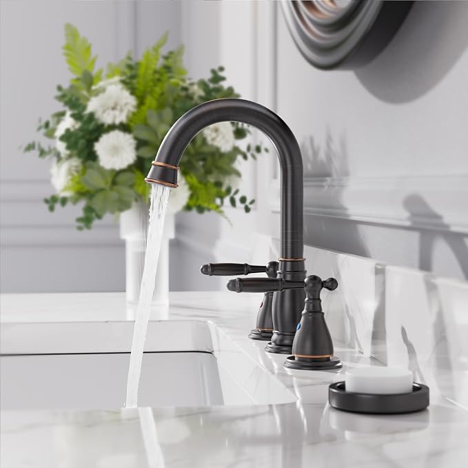 2-Handle 8 Inch 3 Hole Oil Rubbed Bronze Widespread Bathroom Faucets, with Valve and Metal Pop-Up Drain, WF017-4-ORB