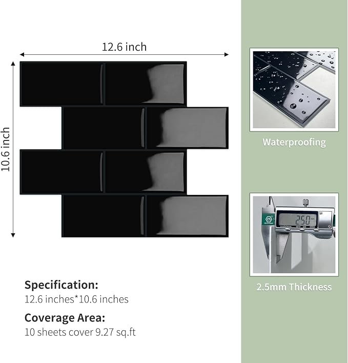 10-Sheet Thick Peel and Stick Kitchen Backsplash Tiles(Black,12.6"×10.6") | D Subway Waterproof Self-Adhesive Wall Tile Stick on Backsplash for Kitchen and Bathroom