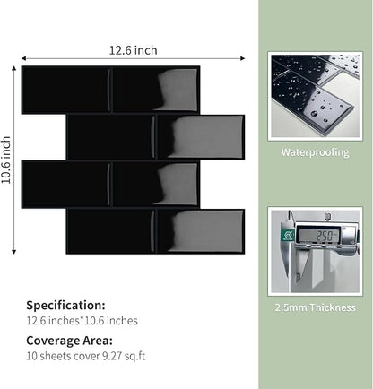 10-Sheet Thick Peel and Stick Kitchen Backsplash Tiles(Black,12.6"×10.6") | D Subway Waterproof Self-Adhesive Wall Tile Stick on Backsplash for Kitchen and Bathroom