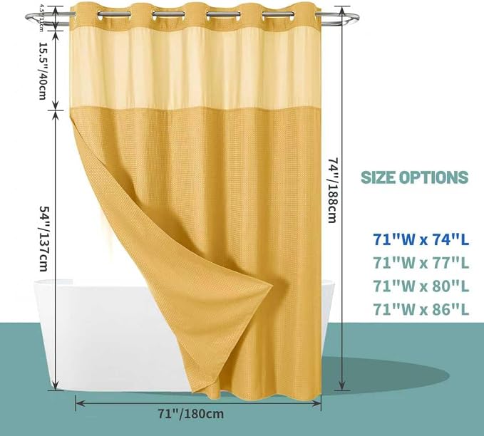 eachope No Hook Waffle Shower Curtain with Snap-in Liner, 71x74 Inch, Gold | 230 GSM waffle weave fabric, waterproof liner set with 2 bottom magnets, mesh top window, washable, for bathroom or hotel use