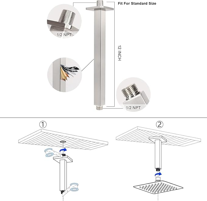 NearMoon Rain Shower Head With Shower Arm, Ceiling Mount Square Shower, Stainless Steel Ceiling Rainfall Showerhead- Waterfall Full Body Coverage (12 Inch, Brushed Nickel)