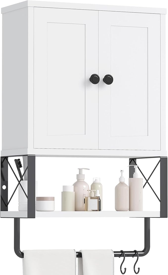 Bathroom Wall Cabinet, White Medicine Cabinet with Towel Rack | 2 Doors & Adjustable Shelves 2 Hooks, above toilet storage cabinet, for Bathroom Laundry Room, Living, Kitchen UXYYG024W