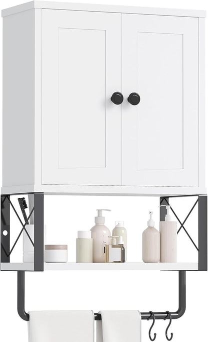 Bathroom Wall Cabinet, White Medicine Cabinet with Towel Rack | 2 Doors & Adjustable Shelves 2 Hooks, above toilet storage cabinet, for Bathroom Laundry Room, Living, Kitchen UXYYG024W