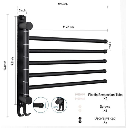 Matte Black 6 - Arm Stainless Steel Swivel Towel Rack with Hook: Wall - Mounted, Rustproof Space - Saver for Bathroom & Kitchen - 180° Rotation, 14kg Capacity