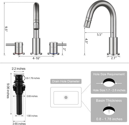 FGKQ Brushed Nickel Bathroom Faucet 3 Hole with Pull Down Sprayer 2 Modes, Pull Down Bathroom Sink Faucet with Pop Up Drain, 8 Inch Widespread Bathroom Faucet