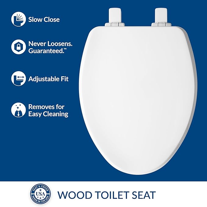 Bemis Ashland Modern Wood Toilet Seat with Decorative Edge, Slow Close, Secure Hinges, Made in USA, Elongated, Cotton White