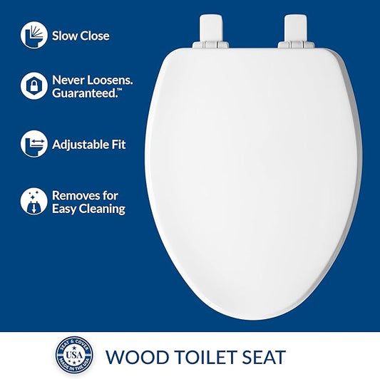 Bemis Ashland Modern Wood Toilet Seat with Decorative Edge, Slow Close, Secure Hinges, Made in USA, Elongated, Cotton White