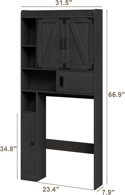 ChooChoo Over The Toilet Storage Cabinet, Farmhouse Bathroom Shelf Over Toilet with Adjustable Shelves, Above Toilet Storage Cabinet with Sliding Door for Bathroom, Laundry Room, Black