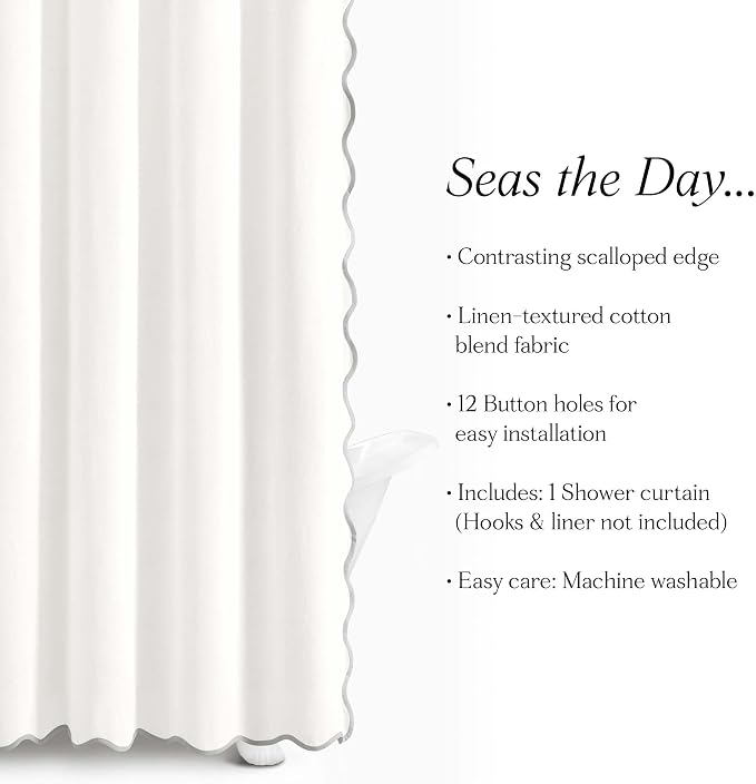 Lush Decor Coastal Chic Scallop Edge Linen-Textured Shower Curtain, Single 72" W x 72" L, Gray & White - Scalloped Shower Curtains - Coastal Bathroom Curtain