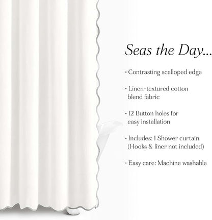 Lush Decor Coastal Chic Scallop Edge Linen-Textured Shower Curtain, Single 72" W x 72" L, Gray & White - Scalloped Shower Curtains - Coastal Bathroom Curtain