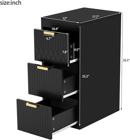 12 Inch Floating Bathroom Side Cabinet, Wall Mounted Bathroom Storage Cabinet with 3 Drawers, Modern Slim Organizer with Decor Line, Gold Metal Pulls