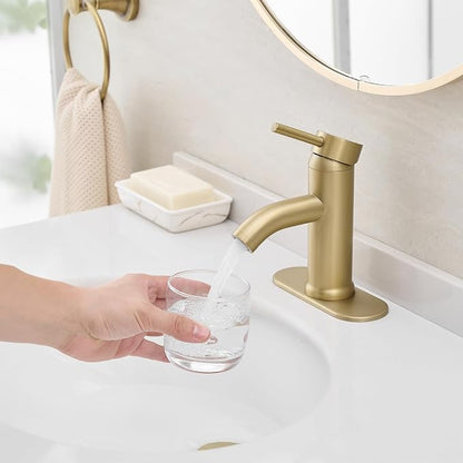 Brushed Gold Bathroom Faucets Single Hole Bathroom Sink Faucet | Modern Single Handle Bathroom Faucte 1 or 3 Hole, RV Sink Vanity Faucet (with Drain, Brushed Gold)