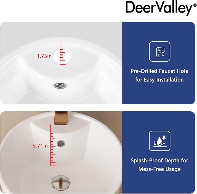 DeerValley Apex 15x15 Inch Circular Pedestal Sink, White Ceramic Bathroom Sink with Overflow, DV-1P527