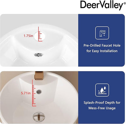 DeerValley Apex 15x15 Inch Circular Pedestal Sink, White Ceramic Bathroom Sink with Overflow, DV-1P527