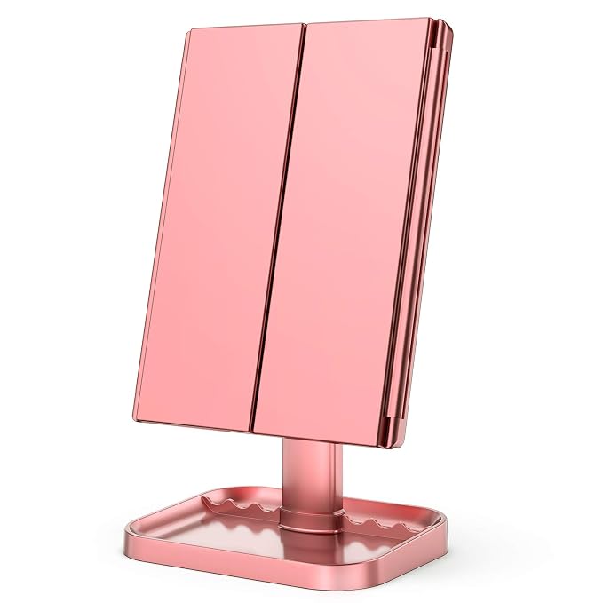 HUONUL 2X/3X/10X Magnifying Vanity Mirror with Light, Trifold Makeup Mirror | Touch Dimming, Dual Power, Clear View for Makeup, Skincare. Dorm Room Essentials. Birthday Gifts for Women, Mom, Wife, Girls