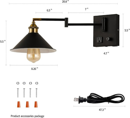 Bedside Wall Mount Light with Dimmable Switch and Outlet, Swing Arm Metal Shade Wall Sconce Light with USB Port and Plug in Cord, Black Wall Lamp for Bedroom, Living Room and Hotel