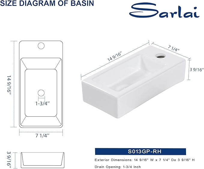 Sarlai Floating Vessel Sink Wall Mounted - 15"x7" Wall Mount Hang Small Bathroom Sinks Tiny Small Modern Rectangle Floating White Porcelain Ceramic Vanity Sink, Right Hand
