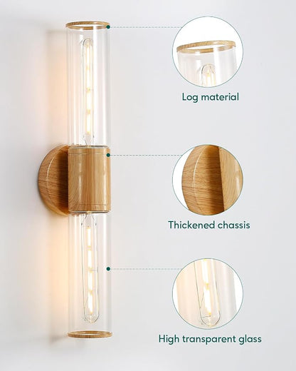 Bathroom Vanity Lighting Fixture, 2-Light Wood Grain Wall Sconce Light Fixture with Clear Glass, E26 Socket Indoor Wall Lamp, Modern Wall Sconce for Mirror Living Room, 2 Pack