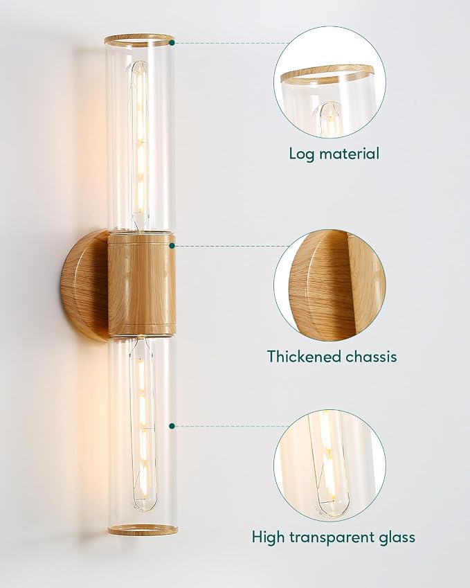 Bathroom Vanity Lighting Fixture, 2-Light Wood Grain Wall Sconce Light Fixture with Clear Glass, E26 Socket Indoor Wall Lamp, Modern Wall Sconce for Mirror Living Room