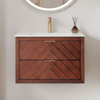 30 in. Wall Mounted Bathroom Vanity with Sink, Fully Assembled Floating Vanity with Double Drawers, Brown Walnut Finish