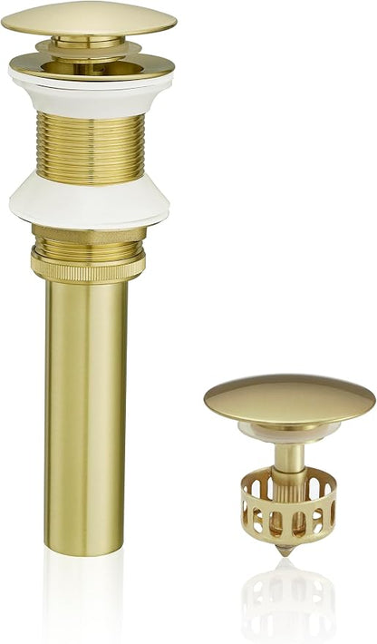 VOTON Bathroom Vessel Sink Pop Up Drain Without Overflow Assembly, Lavatory Vanity Sink Drain Stopper, Anti-Clogging Drain Strainer, Brushed Gold