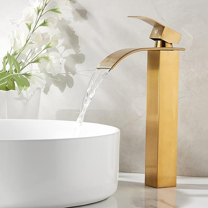 Brushed Gold High Arc Bathroom Faucet Single Lever Basin Mixer G1/2 Sink Tap with Waterfall Design Stainless Steel Finish for Modern Vanity