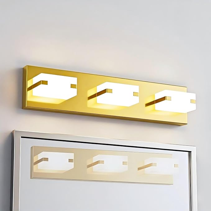LED Bathroom Light Fixtures, 3-Light Modern Vanity Lights with Milky White Frosted Acrylic Shades, Gold Bathroom Lighting fixtures Over Mirror, ETL Listed, 20W (Cool White 5700K)
