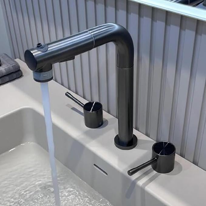 3 Hole Basin Faucets Pull Out Basin Mixer Faucet Brass-Grey