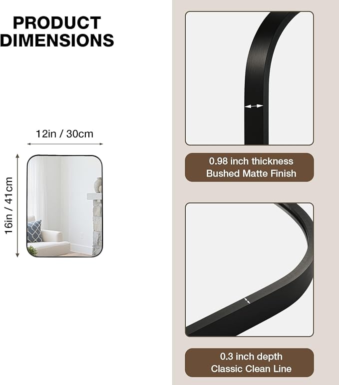 12x16 Inch Bathroom Mirrors for Over Sink, Matte Black Rectangle Mirror for Bathroom or Entryway, Wall Mounted Vanity Mirror with Aluminum Alloy Frame & Tempered Glass, Hangs Horizontally/Vertically
