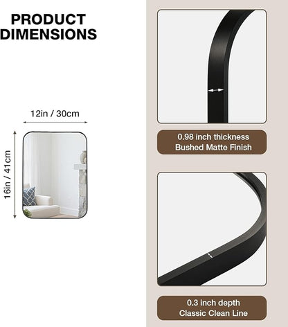 12x16 Inch Bathroom Mirrors for Over Sink, Matte Black Rectangle Mirror for Bathroom or Entryway, Wall Mounted Vanity Mirror with Aluminum Alloy Frame & Tempered Glass, Hangs Horizontally/Vertically