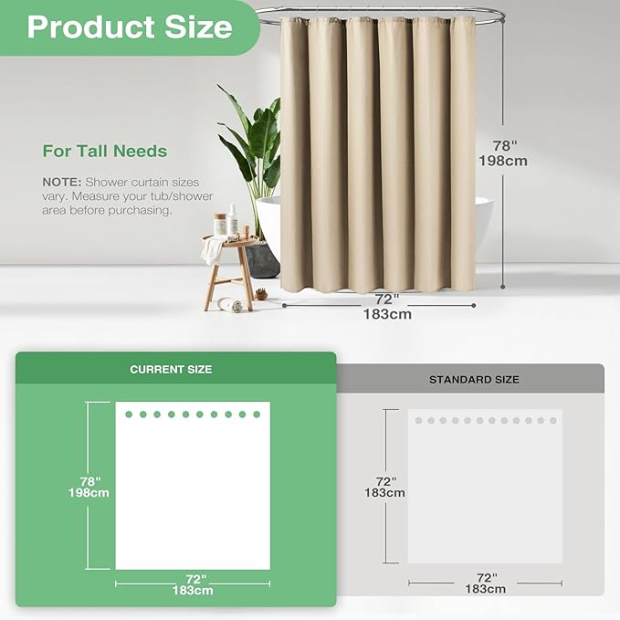 Long Waffle Shower Curtain 256 GSM Heavy Fabric 72x78 Beige/Khaki | 78 Inch Long, Thick Cloth, Weighted Hem, Water Repellent, Tall Hotel Luxury Polyester Shower Curtains for Bathroom 12 Hooks