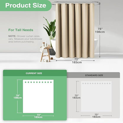 Long Waffle Shower Curtain 256 GSM Heavy Fabric 72x78 Beige/Khaki | 78 Inch Long, Thick Cloth, Weighted Hem, Water Repellent, Tall Hotel Luxury Polyester Shower Curtains for Bathroom 12 Hooks