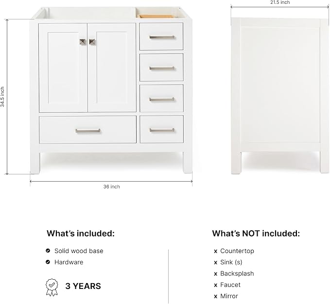 ARIEL Cambridge 36-inch Bathroom Vanity Base Cabinet,Solid Wood, 2 Soft Closing Doors, 5 Dovetail Drawers, White