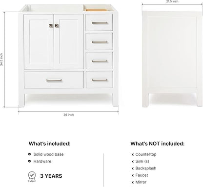 ARIEL Cambridge 36-inch Bathroom Vanity Base Cabinet,Solid Wood, 2 Soft Closing Doors, 5 Dovetail Drawers, White