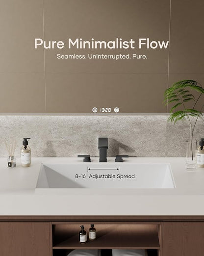 Matte Black Waterfall Bathroom Faucet 3 Hole, 8 Inch Widespread Modern 3 Piece Bathroom Sink Faucet, Touch On Lavatory Faucet for Vanity RV Restroom, Straight Spout
