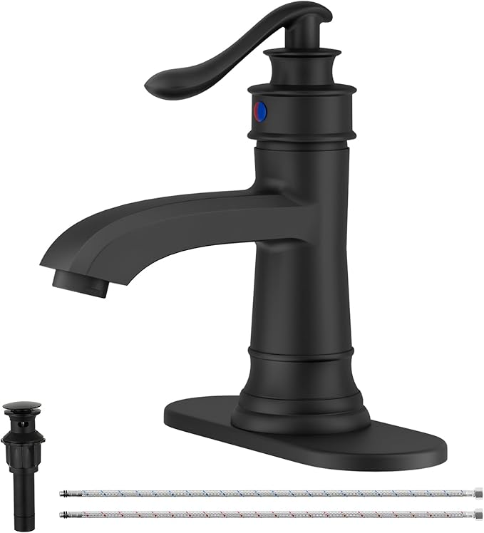 Matte Black Bathroom Faucet Brass Single Handle Bathroom Sink Faucets | Single Hole Farmhouse Faucet Vanity Lavatory RV with Overflow Pop Up Drain Mixer Tap Commcercial Rustic by BATHLAVISH
